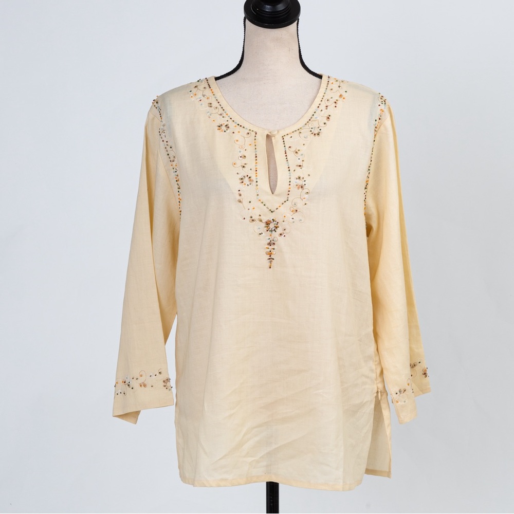 Boho top pastel vanilla yellow color beaded tunic vintage L Cervelle summer top